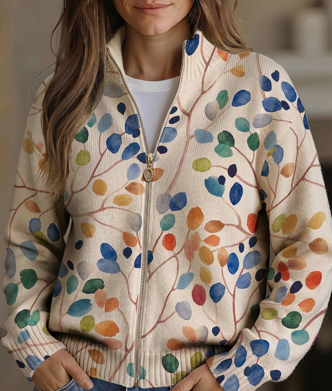 Botanical Leaf Print Zip Cardigan, Lily & Sam, image 1