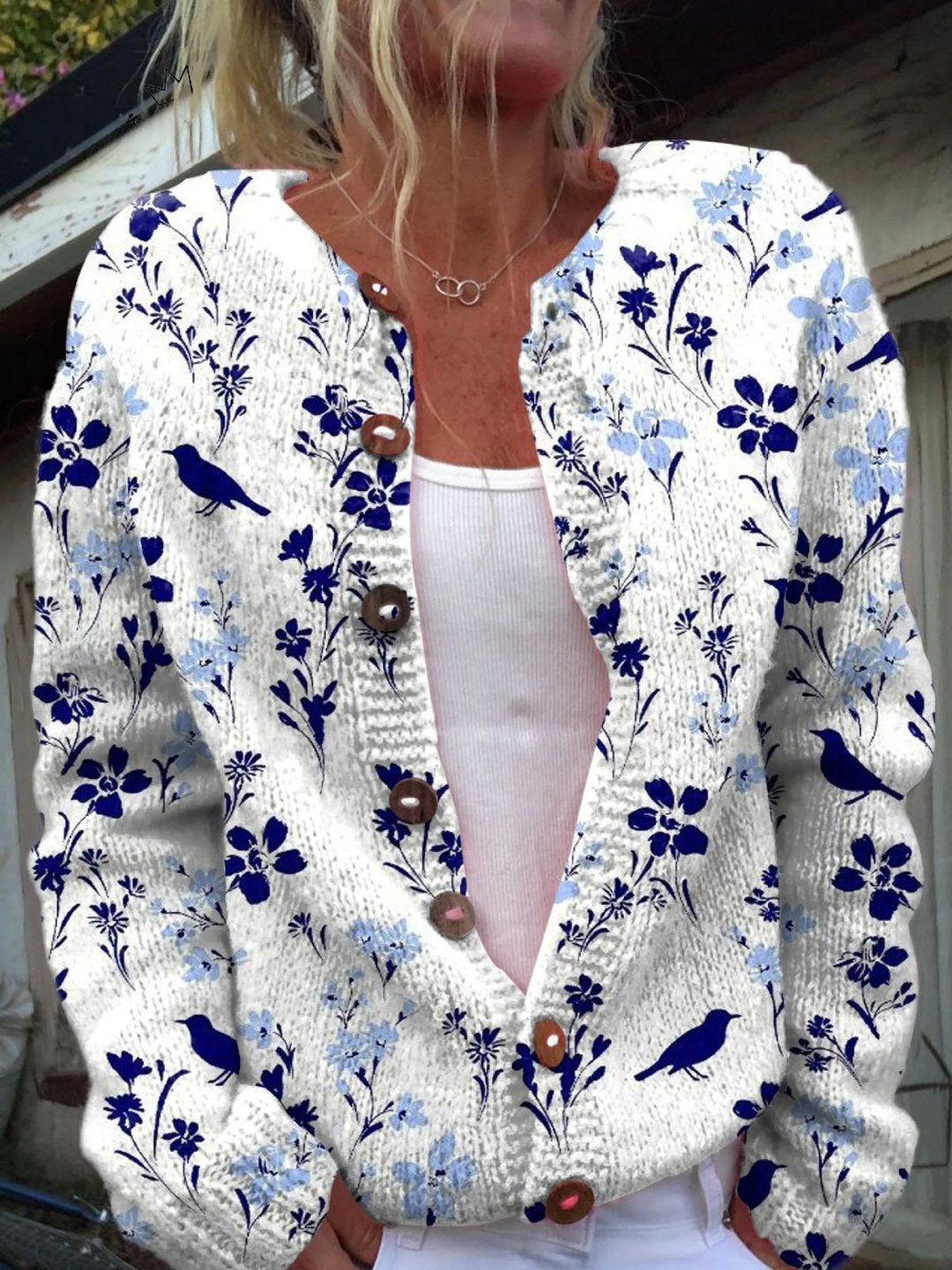 Vintage Floral Bird Print Button Front Cardigan Sweater, Lily & Sam, image 1