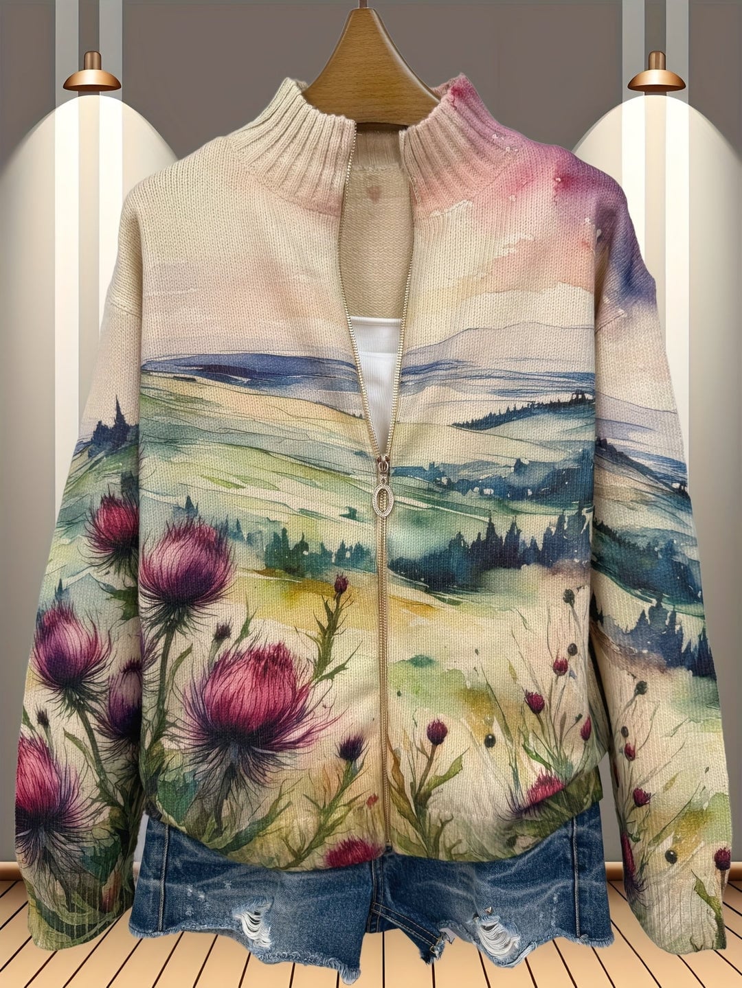 Scottish Thistle Landscape Zip Cardigan, Lily & Sam, image 4