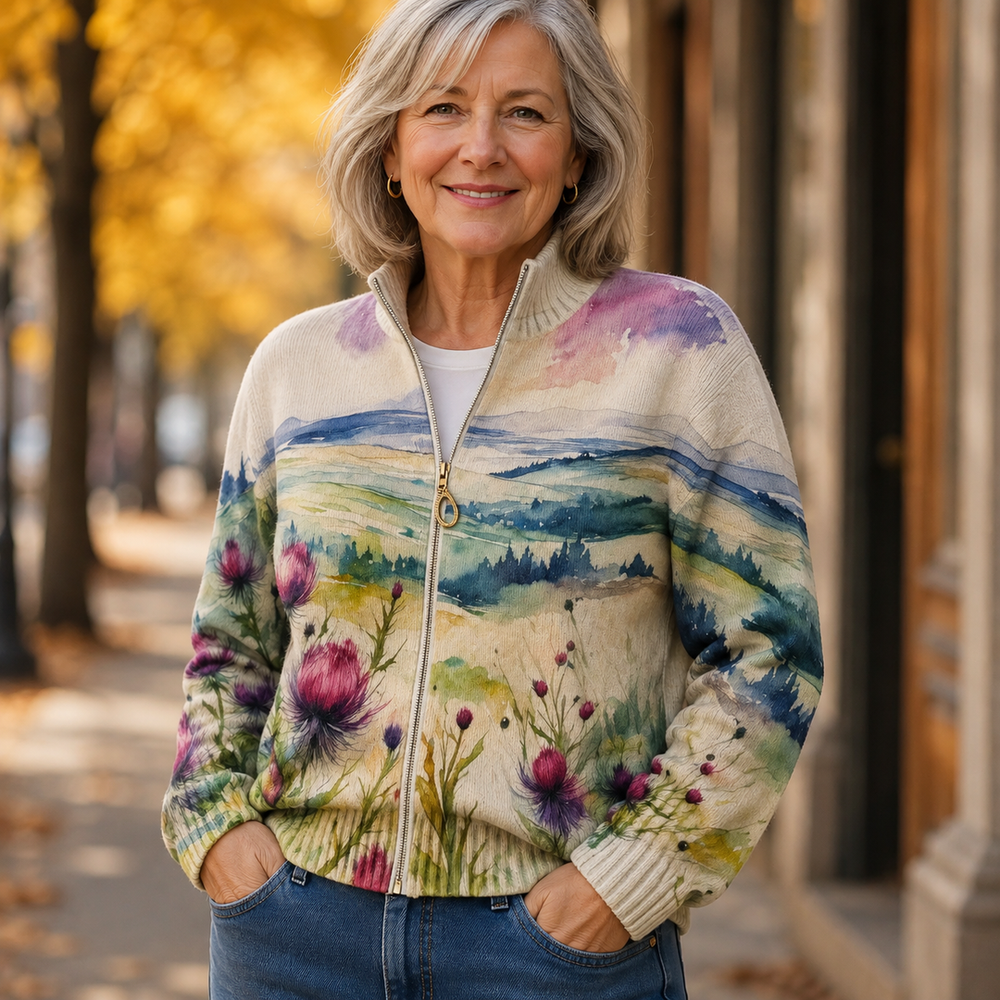 Scottish Thistle Landscape Zip Cardigan, Lily & Sam, image 2