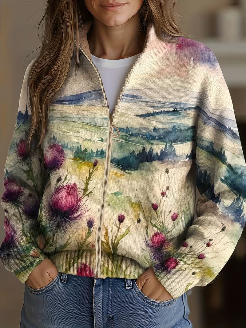 Scottish Thistle Landscape Zip Cardigan, Lily & Sam, image 1