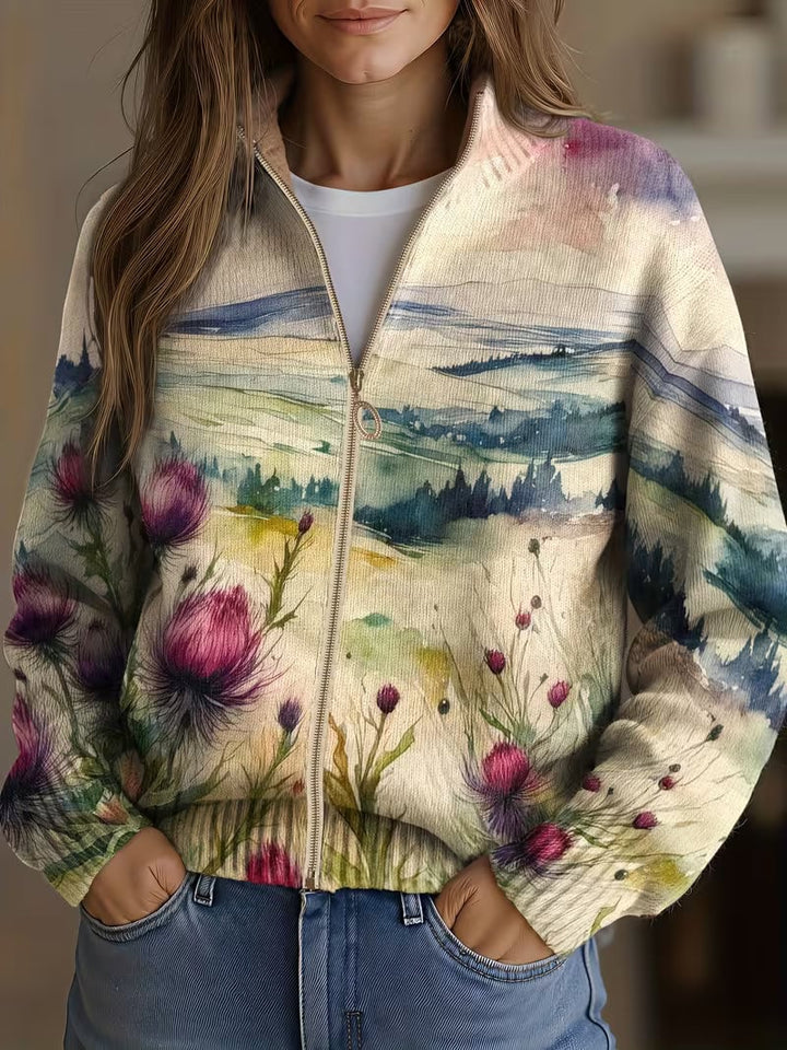 Scottish Thistle Landscape Zip Cardigan, Lily & Sam, image 1