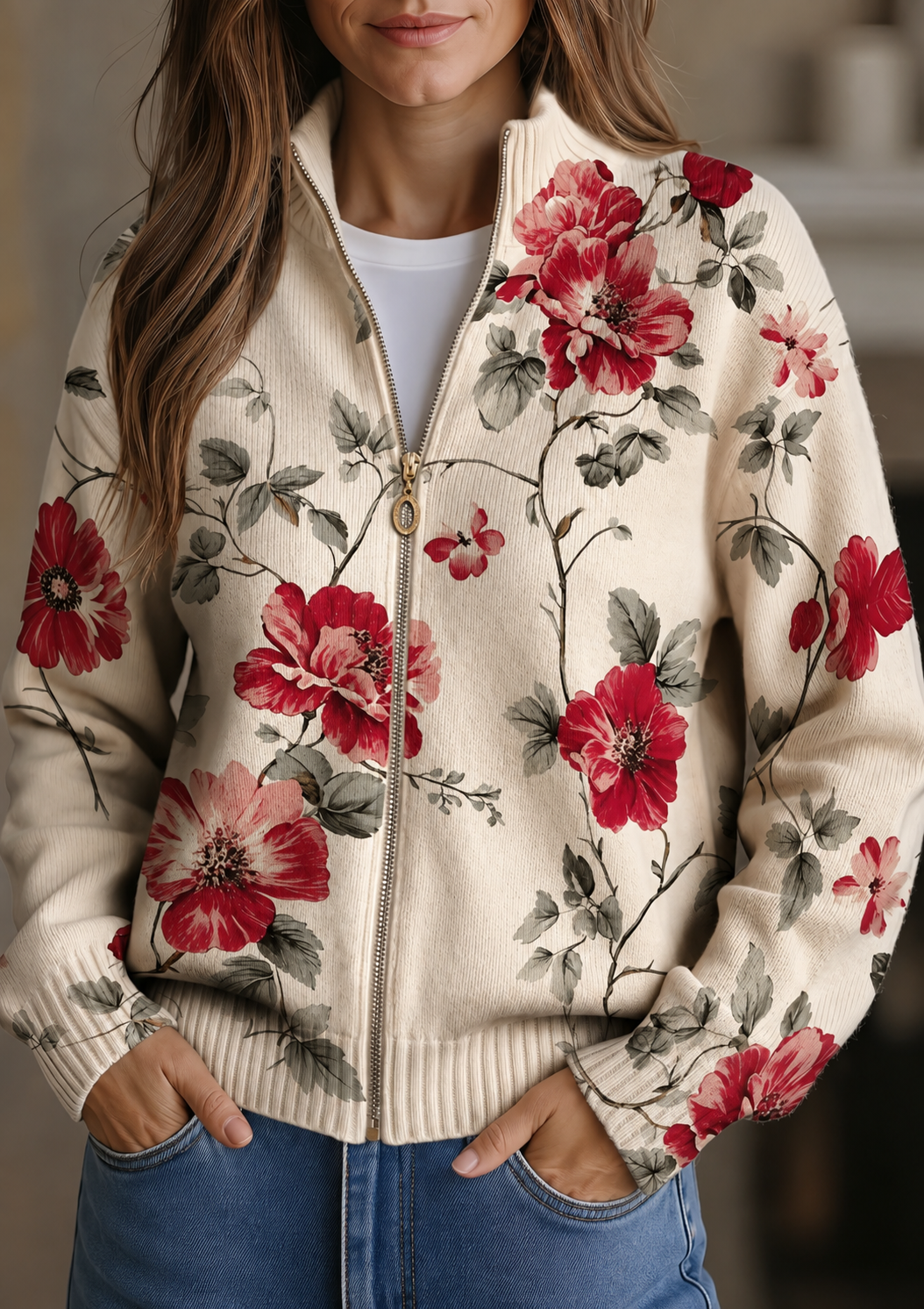 Vintage Rose Print Zip Cardigan, Lily & Sam, image 1