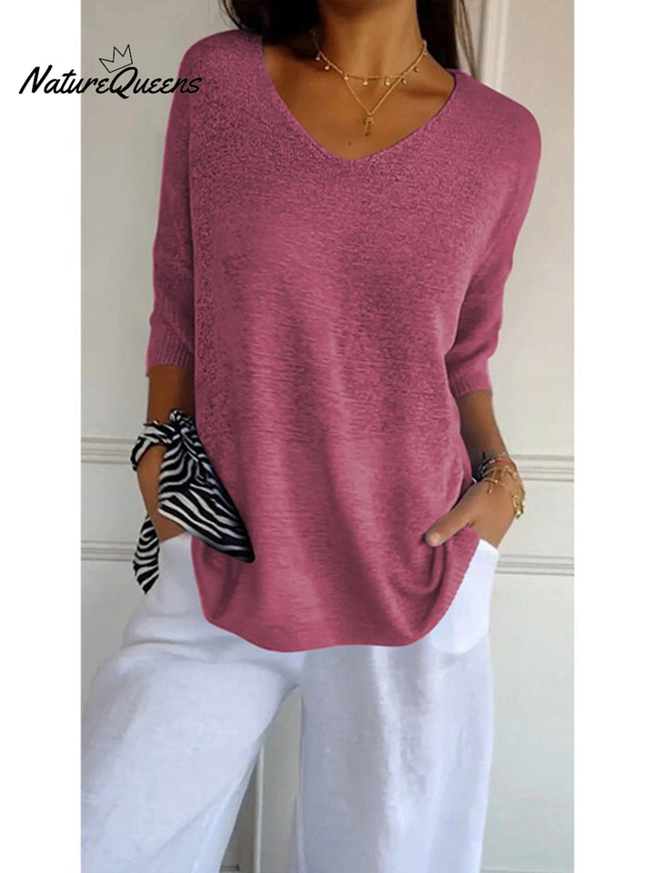 Women's Solid Color Knitted 3/4 Sleeve V neck Top, Lily & Sam, image 3