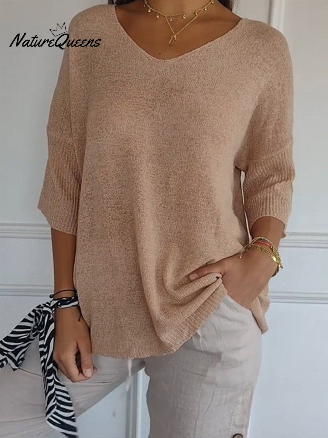Women's Solid Color Knitted 3/4 Sleeve V neck Top, Lily & Sam, image 8