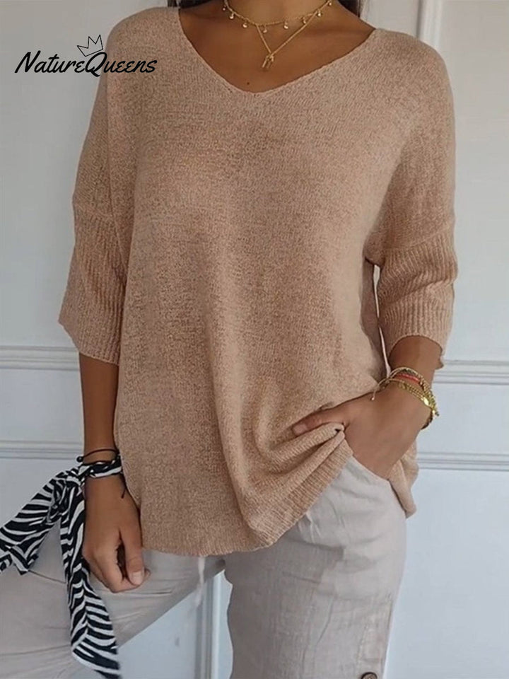 Women's Solid Color Knitted 3/4 Sleeve V neck Top, Lily & Sam, image 8