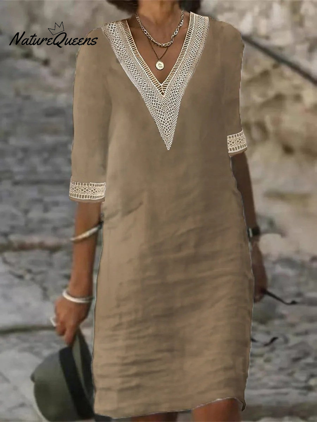 V neck Mid sleeved Cotton and Linen Casual Dress, Lily & Sam, image 1
