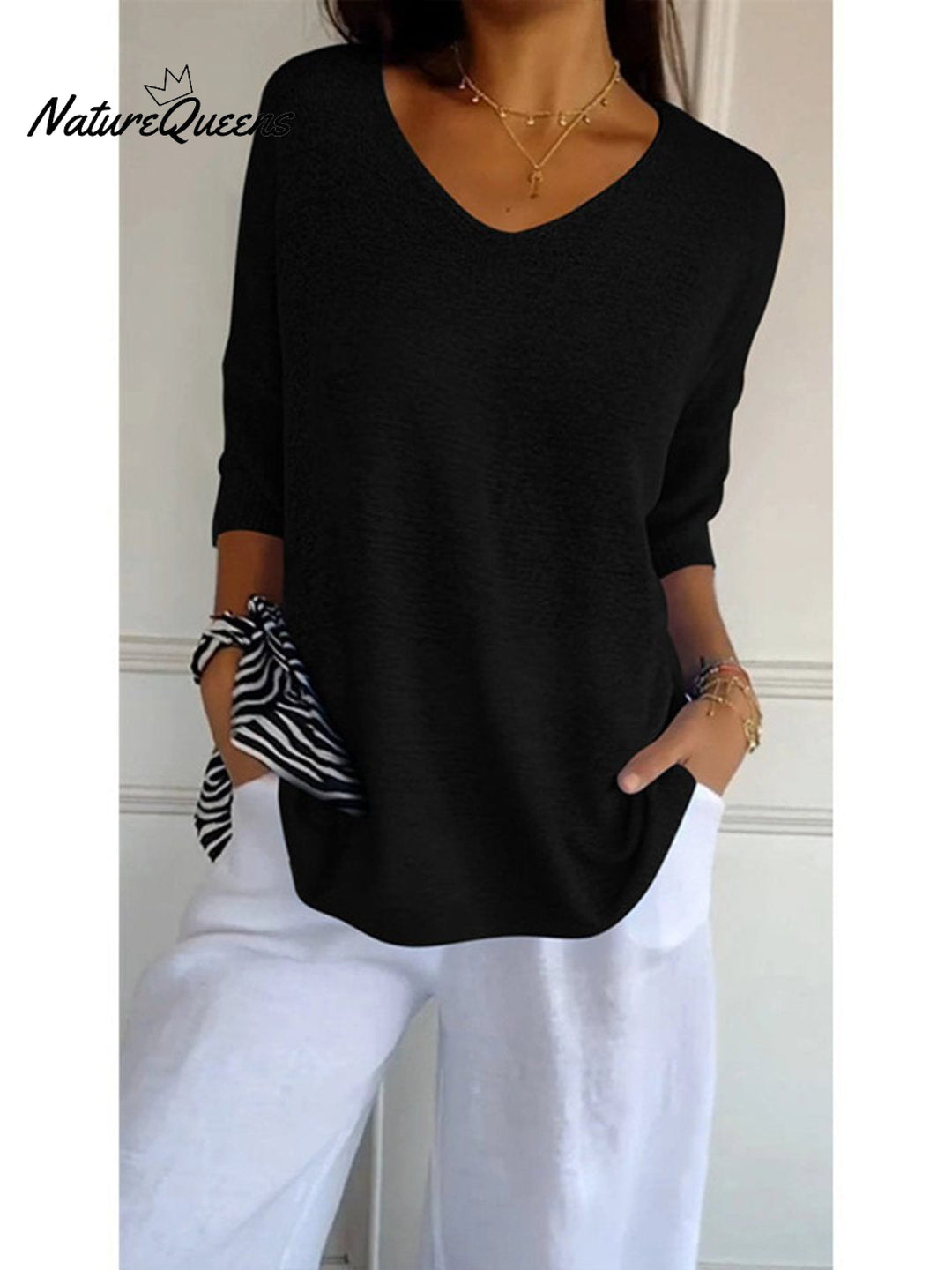 Women's Solid Color Knitted 3/4 Sleeve V neck Top, Lily & Sam, image 9