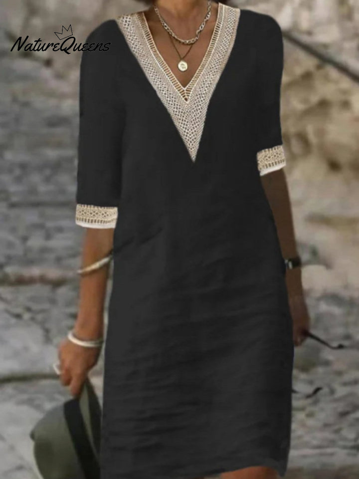 V neck Mid sleeved Cotton and Linen Casual Dress, Lily & Sam, image 6