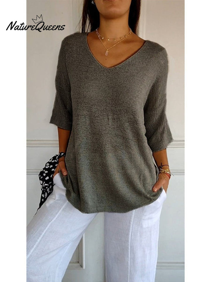 Women's Solid Color Knitted 3/4 Sleeve V neck Top, Lily & Sam, image 7