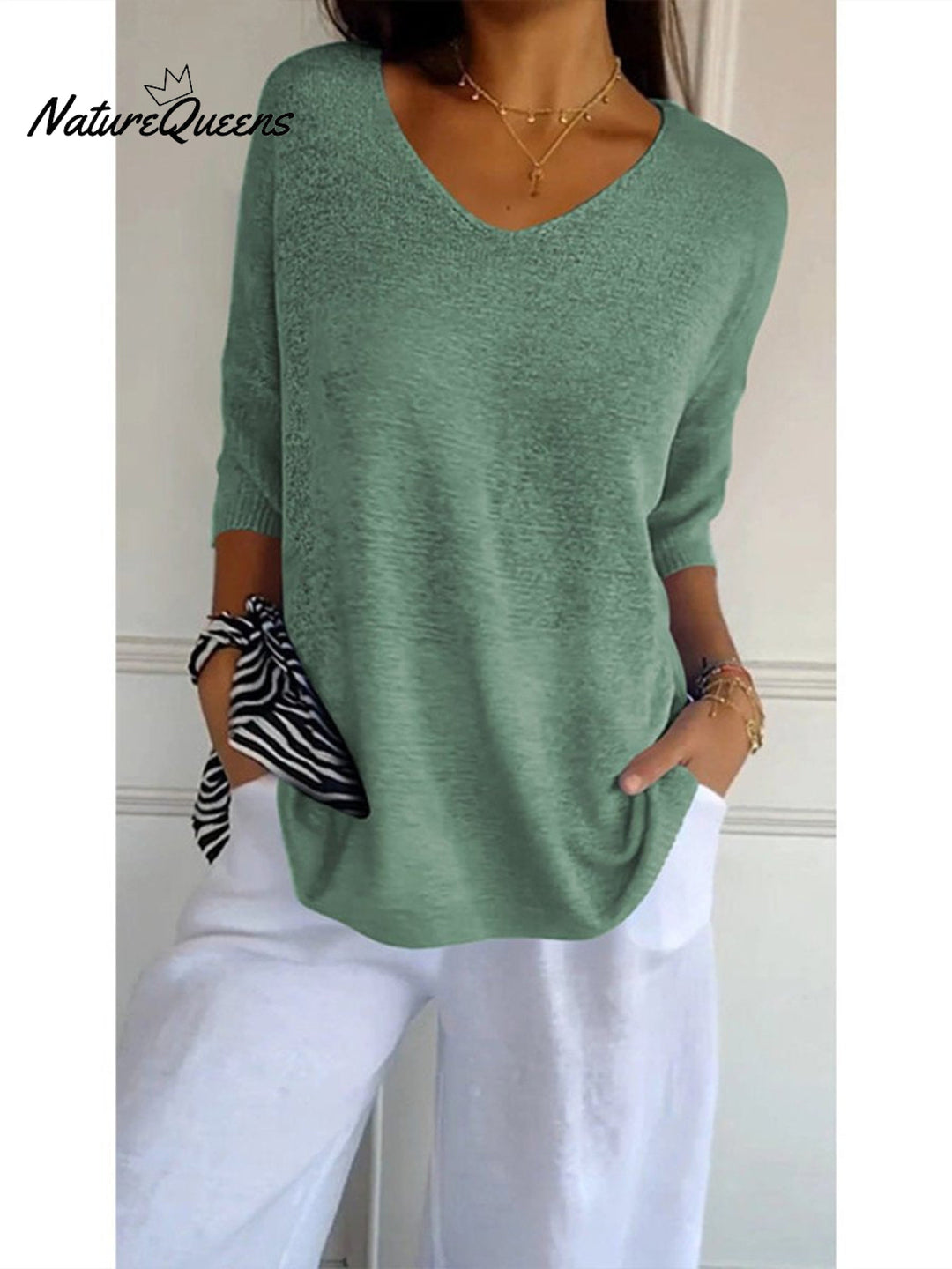 Women's Solid Color Knitted 3/4 Sleeve V neck Top, Lily & Sam, image 11