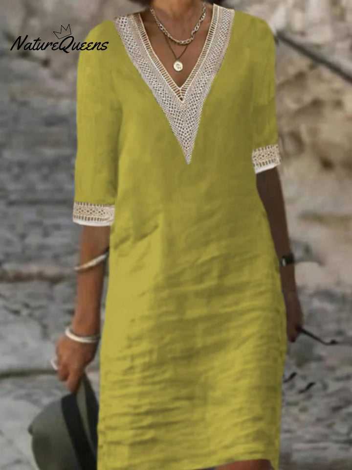 V neck Mid sleeved Cotton and Linen Casual Dress, Lily & Sam, image 5