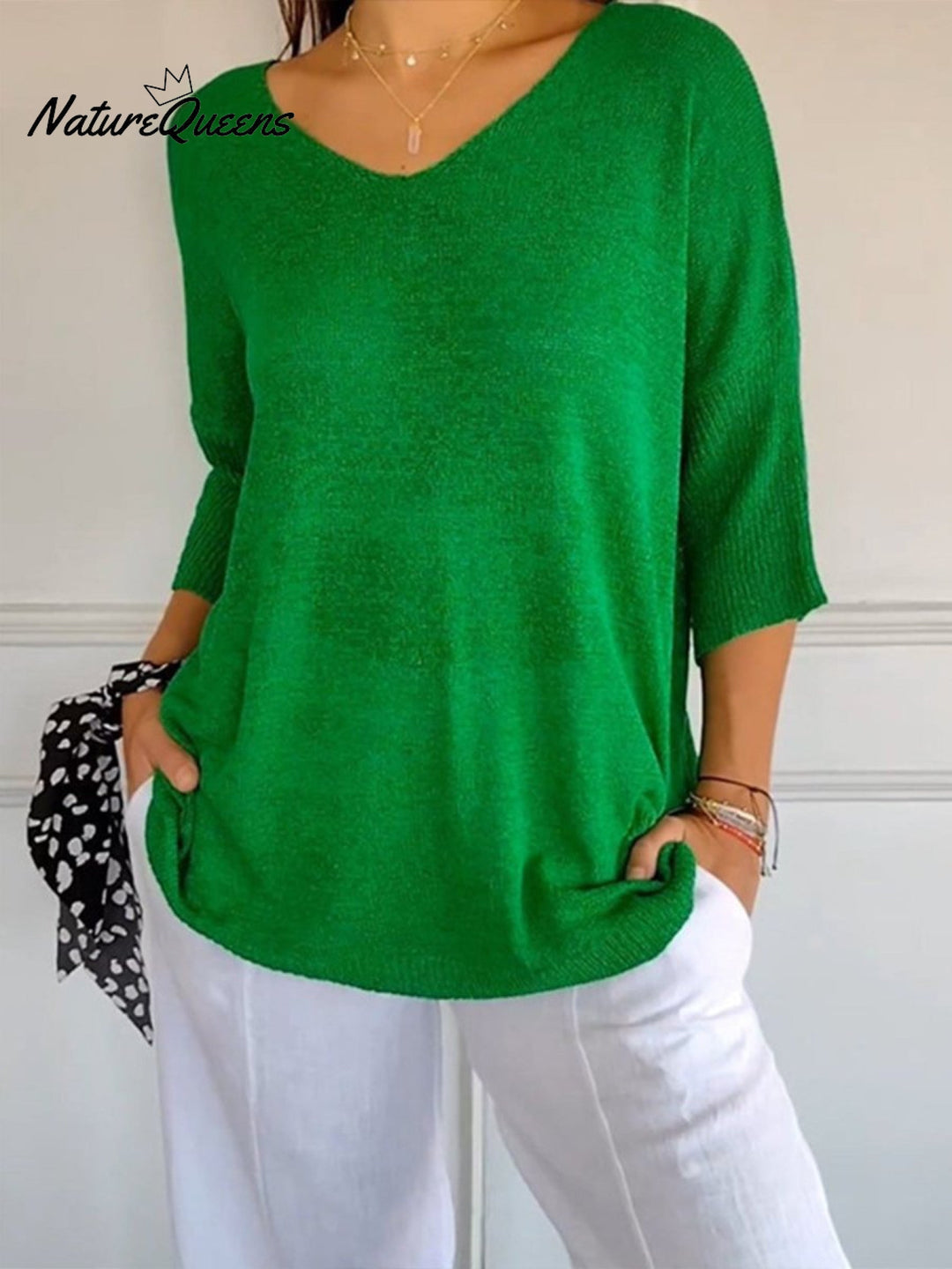 Women's Solid Color Knitted 3/4 Sleeve V neck Top, Lily & Sam, image 10