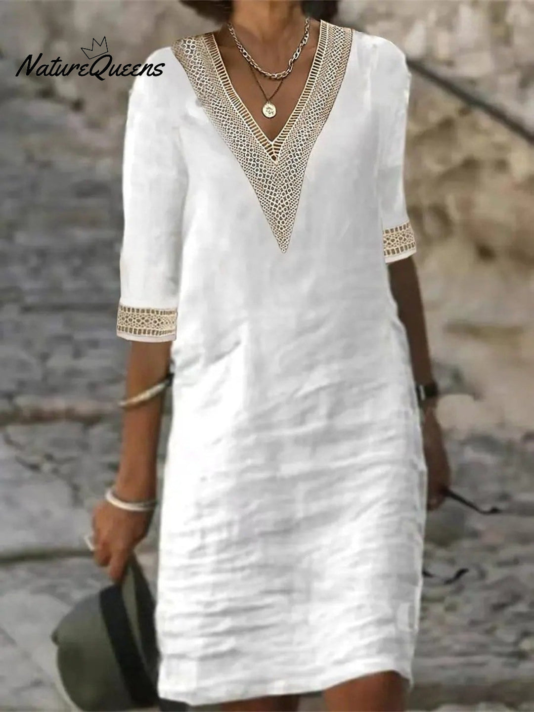 V neck Mid sleeved Cotton and Linen Casual Dress, Lily & Sam, image 7