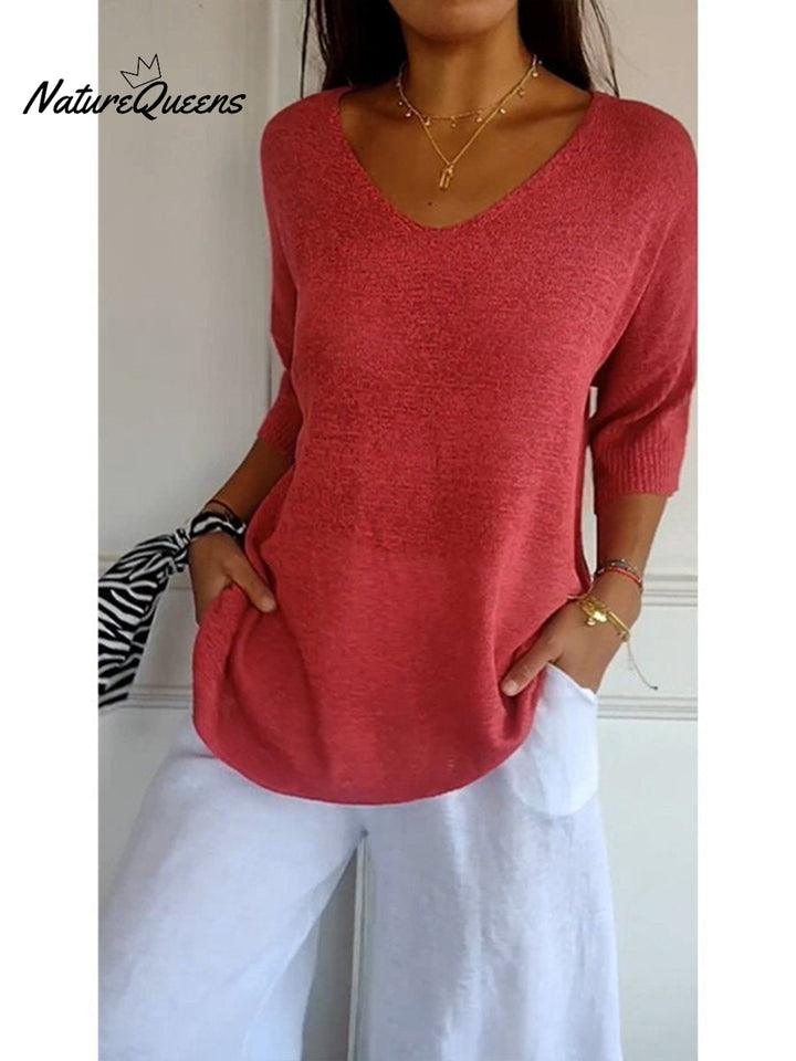 Women's Solid Color Knitted 3/4 Sleeve V neck Top, Lily & Sam, image 5