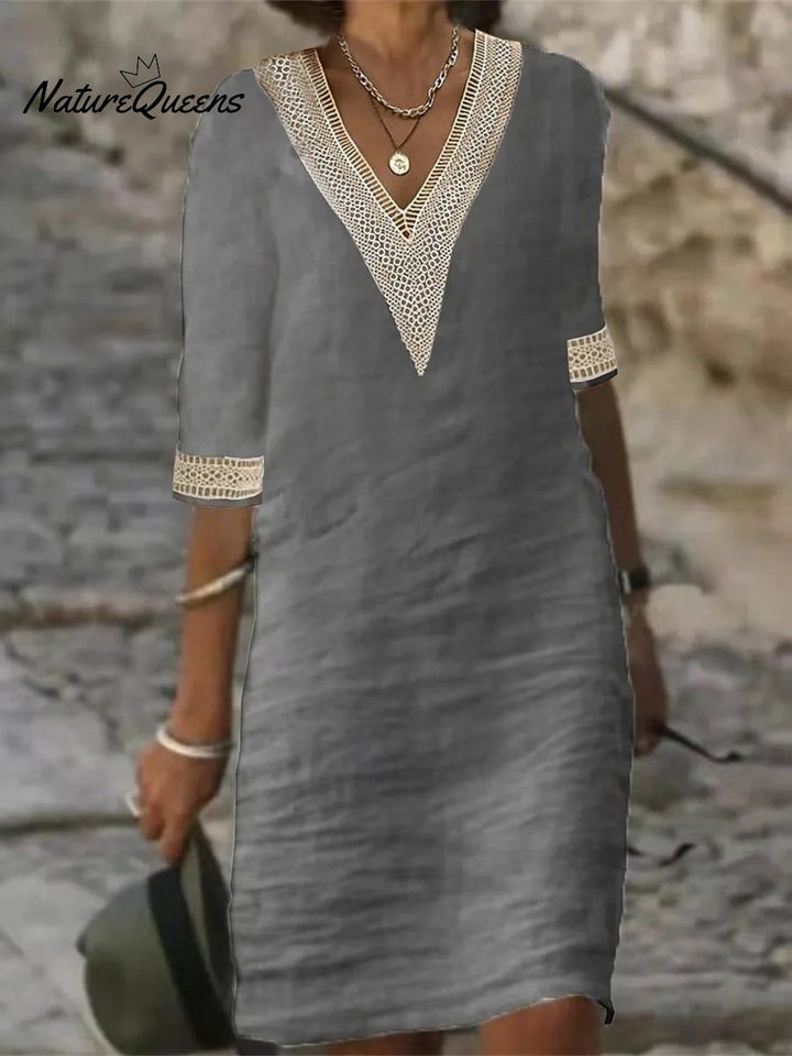 V neck Mid sleeved Cotton and Linen Casual Dress, Lily & Sam, image 4