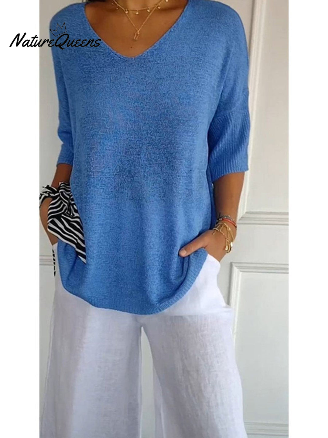 Women's Solid Color Knitted 3/4 Sleeve V neck Top, Lily & Sam, image 12