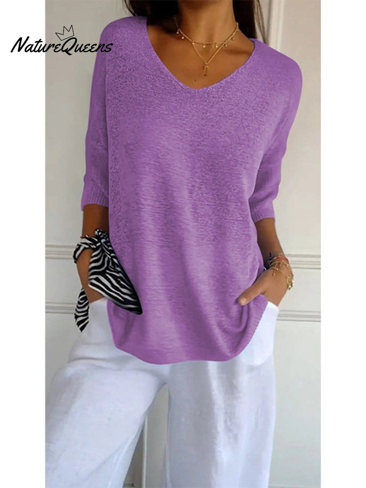 Women's Solid Color Knitted 3/4 Sleeve V neck Top, Lily & Sam, image 2