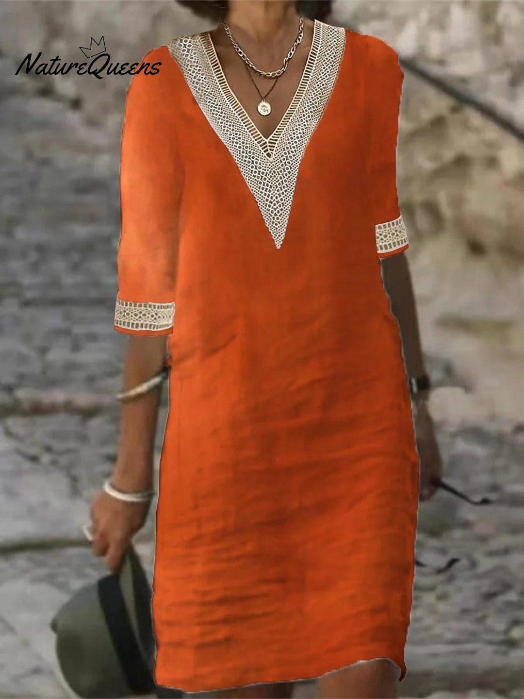 V neck Mid sleeved Cotton and Linen Casual Dress, Lily & Sam, image 2