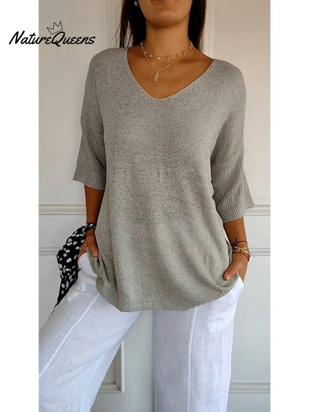 Women's Solid Color Knitted 3/4 Sleeve V neck Top, Lily & Sam, image 4