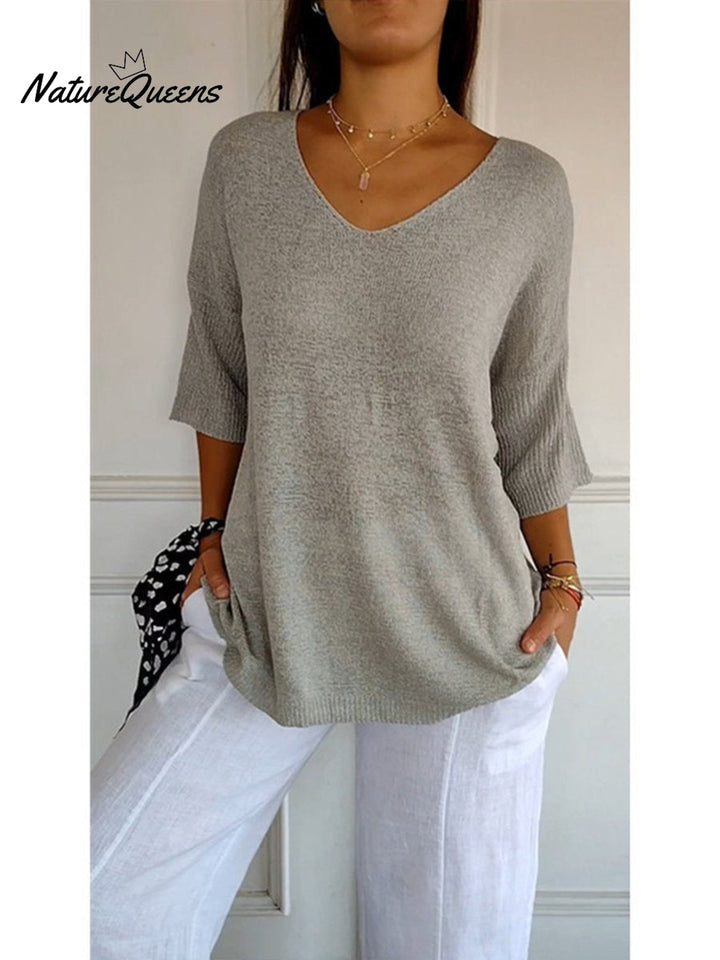 Women's Solid Color Knitted 3/4 Sleeve V neck Top, Lily & Sam, image 4