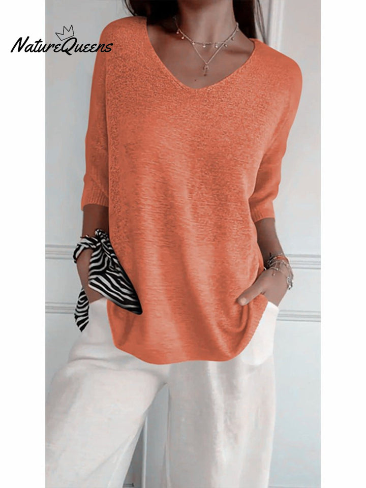 Women's Solid Color Knitted 3/4 Sleeve V neck Top, Lily & Sam, image 13