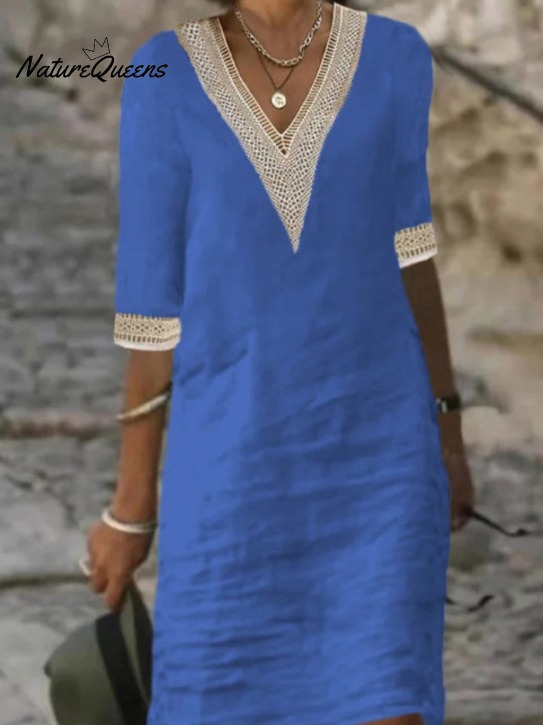 V neck Mid sleeved Cotton and Linen Casual Dress, Lily & Sam, image 3