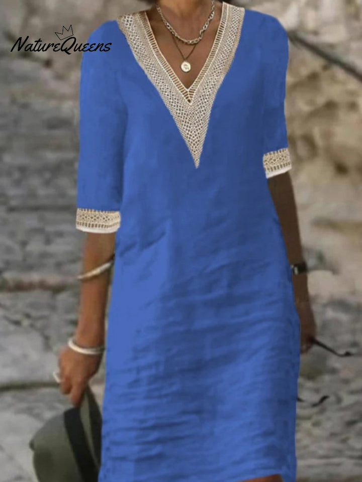 V neck Mid sleeved Cotton and Linen Casual Dress, Lily & Sam, image 3