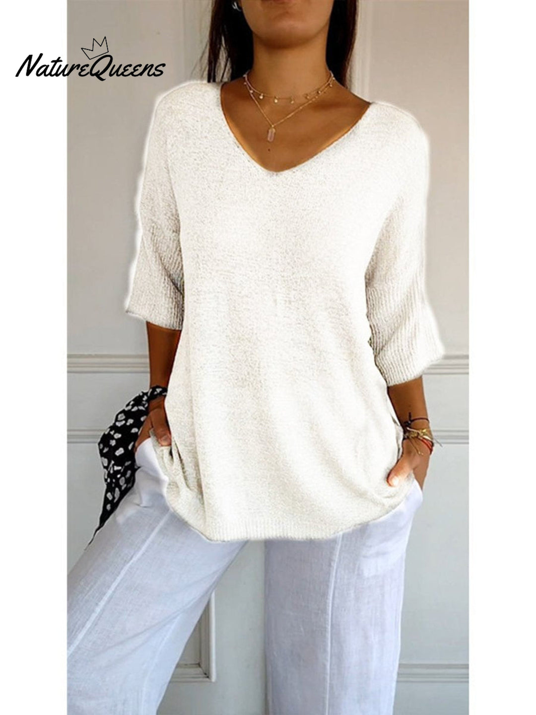 Women's Solid Color Knitted 3/4 Sleeve V neck Top, Lily & Sam, image 6