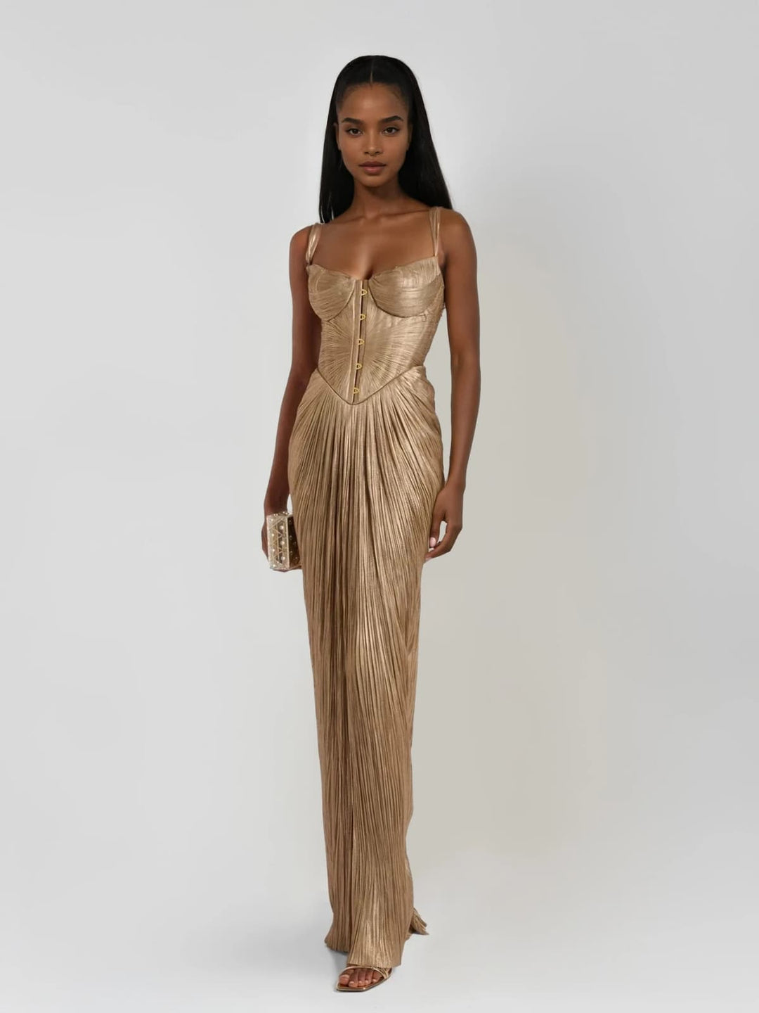 Pleated corset maxi dress with side slit, Lily & Sam, image 1