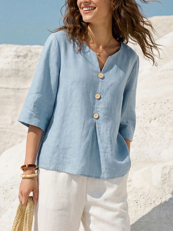 Women's Solid Color V neck 3/4 Sleeve Casual Loose Cotton Linen Top, Lily & Sam, image 1
