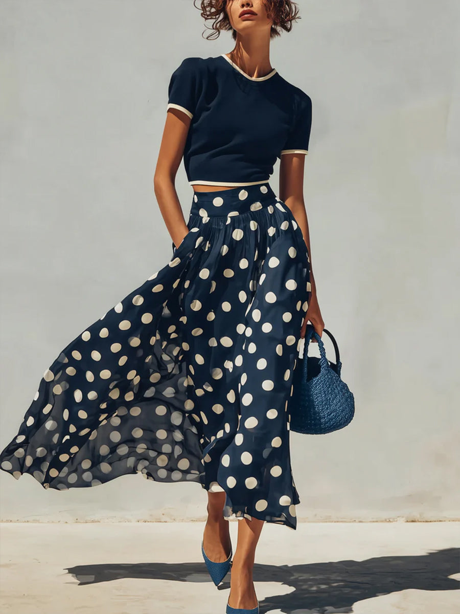 Stylish And Two piece Set: Knitted Pullover Top And Polka dot Skirt, Lily & Sam, image 1