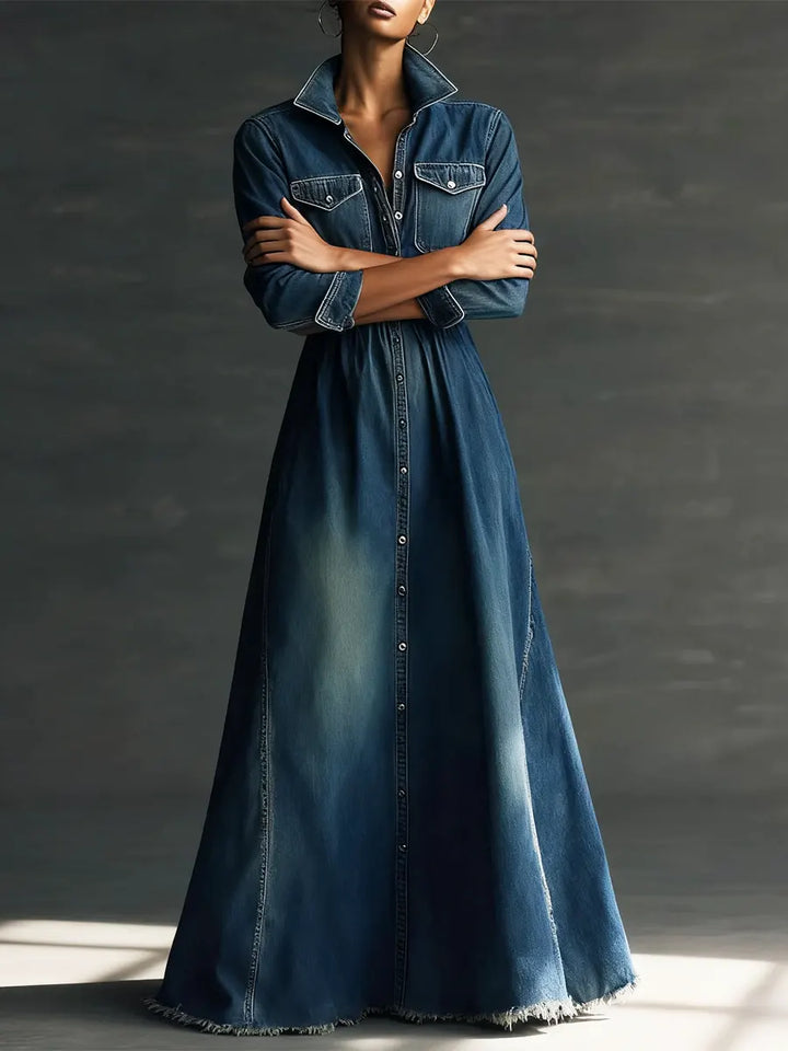 Women Stylish Art Stand Collar Washed Denim Midi Dress, Lily & Sam, image 2