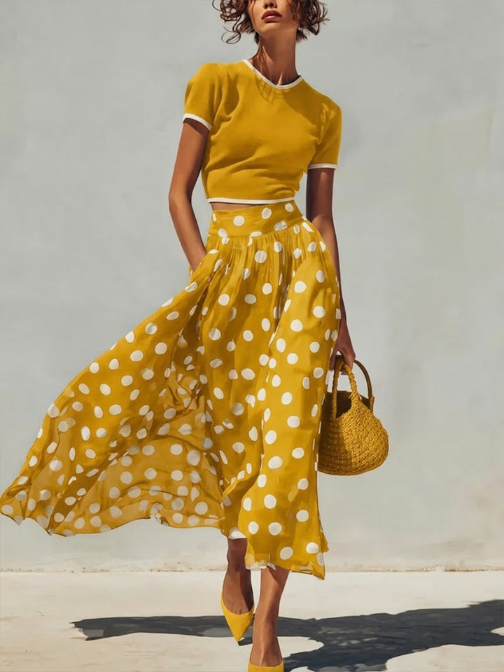 Stylish And Two piece Set: Knitted Pullover Top And Polka dot Skirt, Lily & Sam, image 2