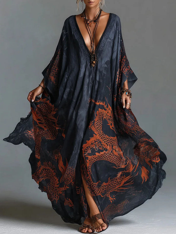 Women's Vintage V neck Long sleeve Casual Loose Cotton linen Dress With Placement Print, Lily & Sam, image 1