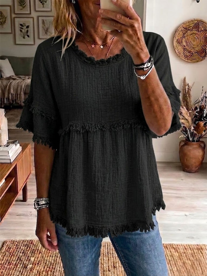 Casual Short sleeve Raw hem Linen blend Top, Lily & Sam, image 3