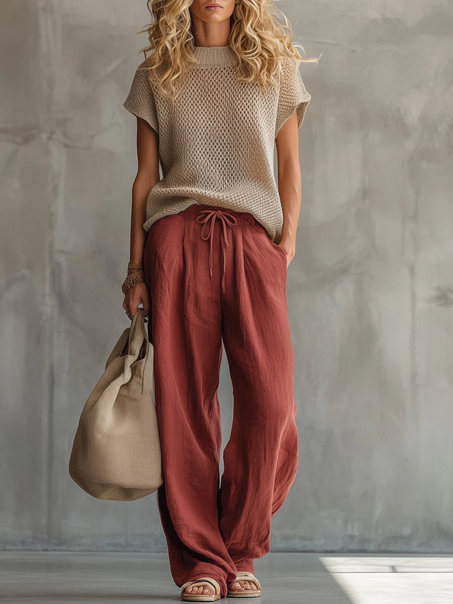 Casual Knitted Pullover Top And Linen cotton Trousers Two piece Set, Lily & Sam, image 1