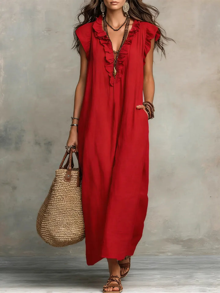 Women's Solid Color Ruffled Art Casual Fashion Cozy Cotton Linen Dress, Lily & Sam, image 3