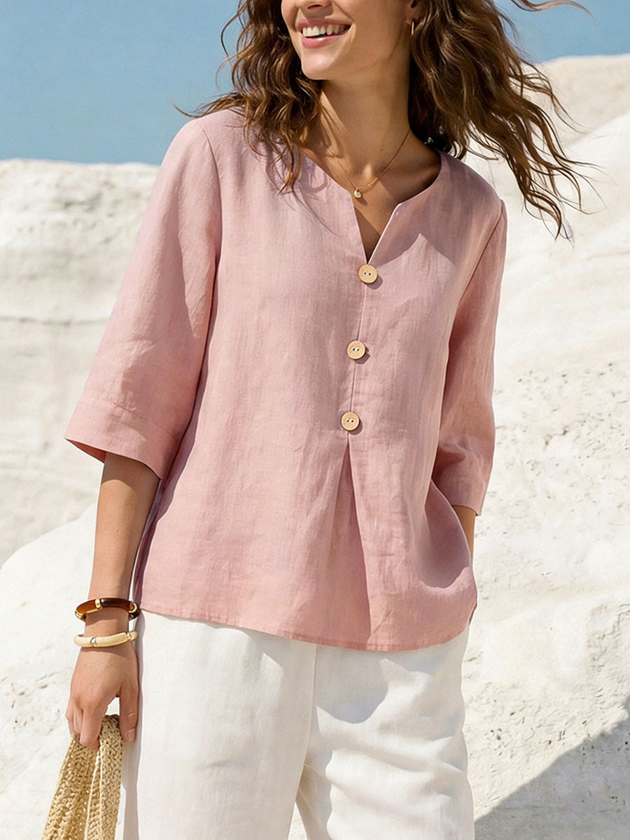 Women's Solid Color V neck 3/4 Sleeve Casual Loose Cotton Linen Top, Lily & Sam, image 2