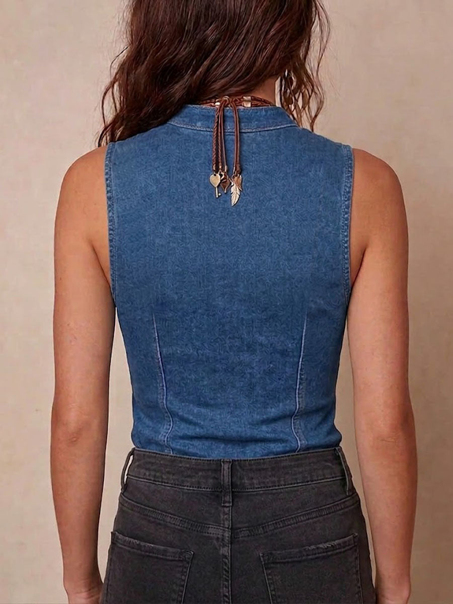 Women's V neck Sleeveless Casual Loose Denim paneled Top, Lily & Sam, image 2