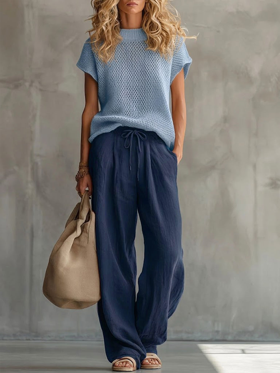 Casual Knitted Pullover Top And Linen cotton Trousers Two piece Set, Lily & Sam, image 2