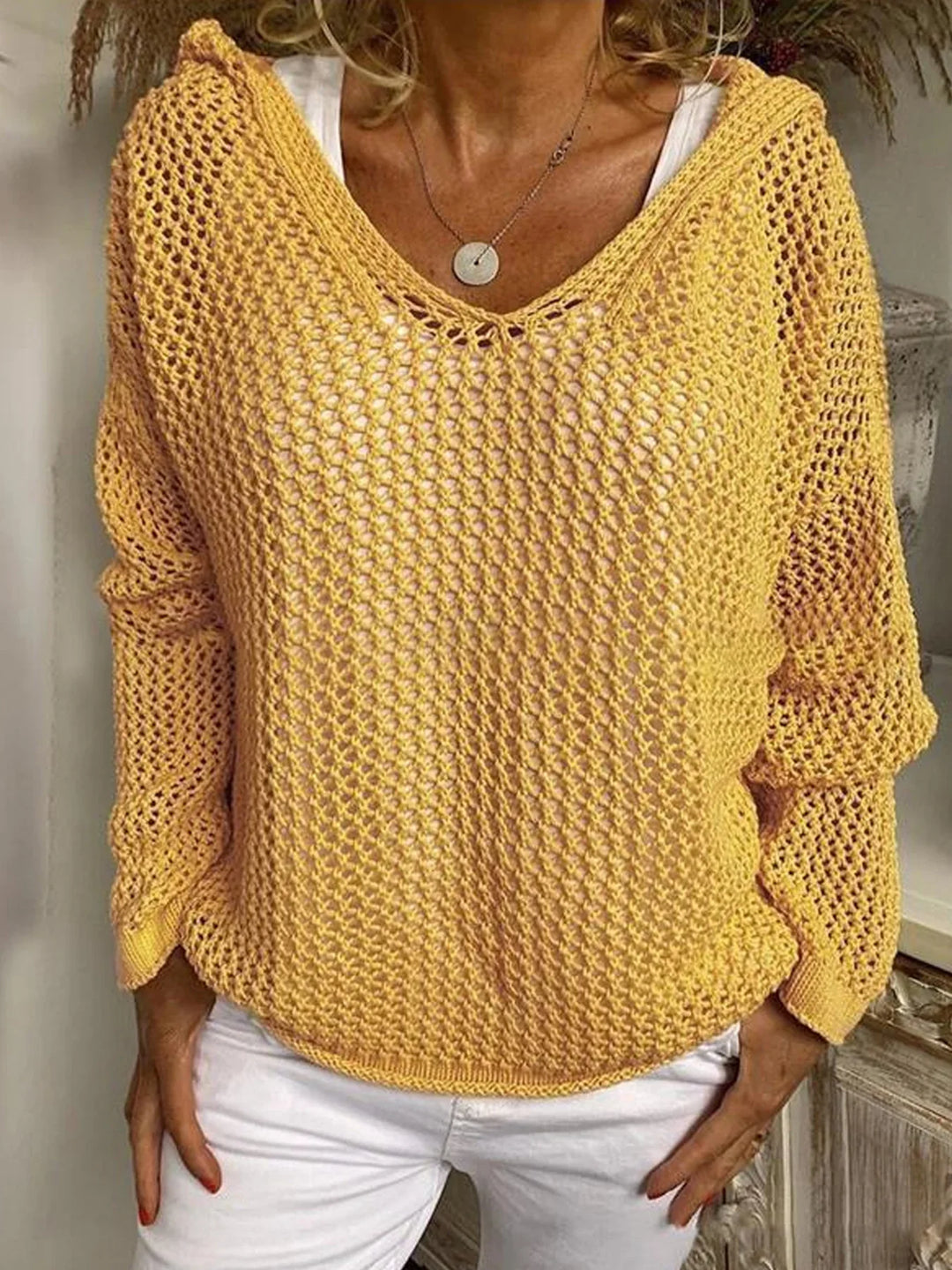 Women's Casual Hooded Open knit Sweater, Lily & Sam, image 2