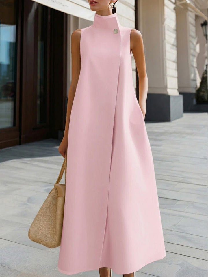 Women's Solid Color Stand Collar Sleeveless Casual Loose Cotton Linen Dress, Lily & Sam, image 4