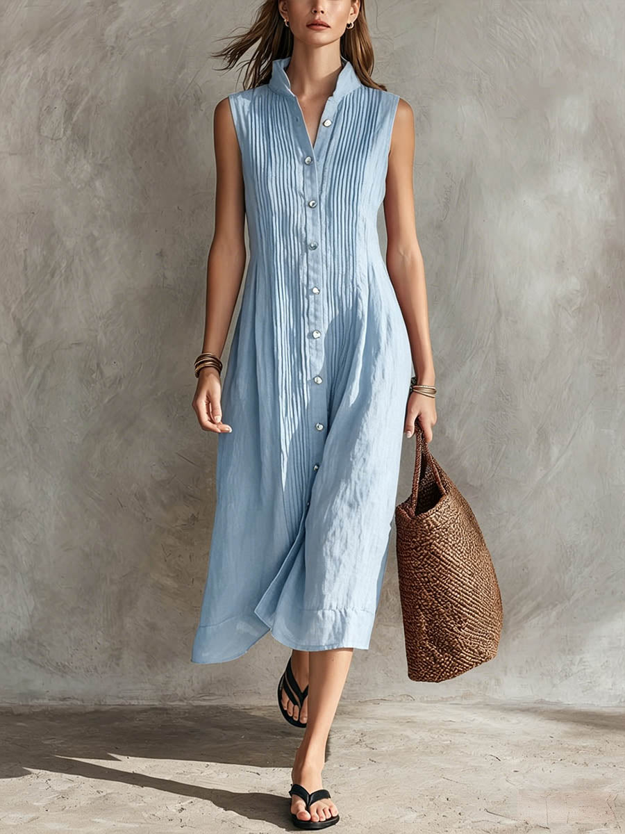 Women's Solid color Stand collar Sleeveless Casual Loose Pleated Cotton linen Dress, Lily & Sam, image 2