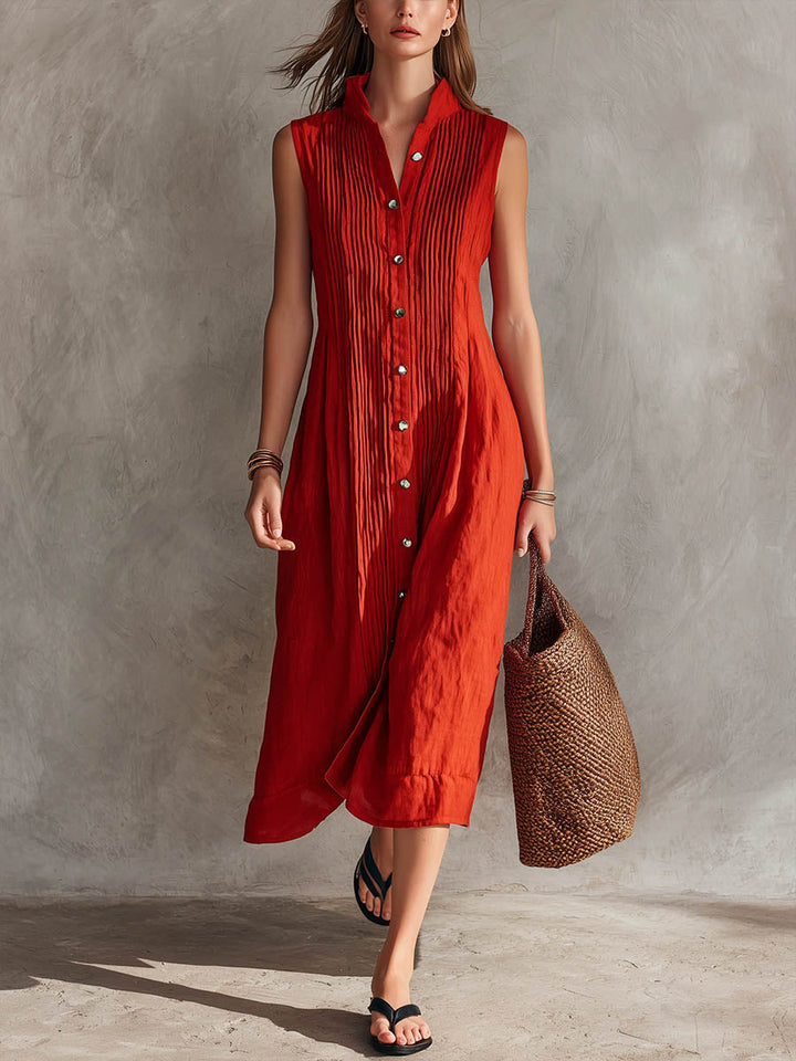 Women's Solid color Stand collar Sleeveless Casual Loose Pleated Cotton linen Dress, Lily & Sam, image 1