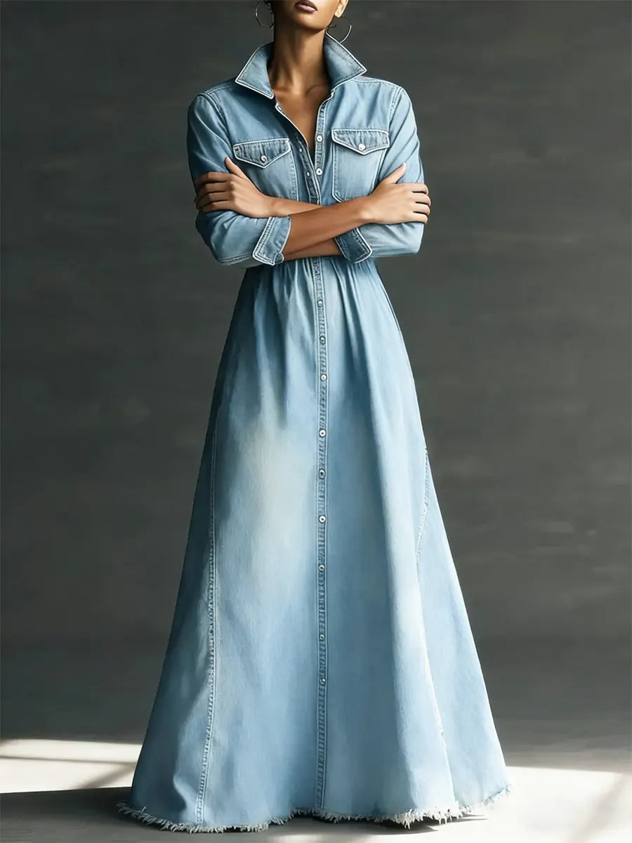Women Stylish Art Stand Collar Washed Denim Midi Dress, Lily & Sam, image 6