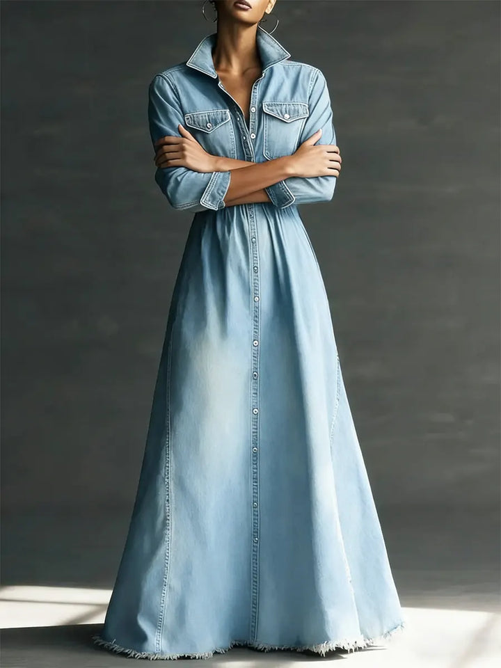Women Stylish Art Stand Collar Washed Denim Midi Dress, Lily & Sam, image 6