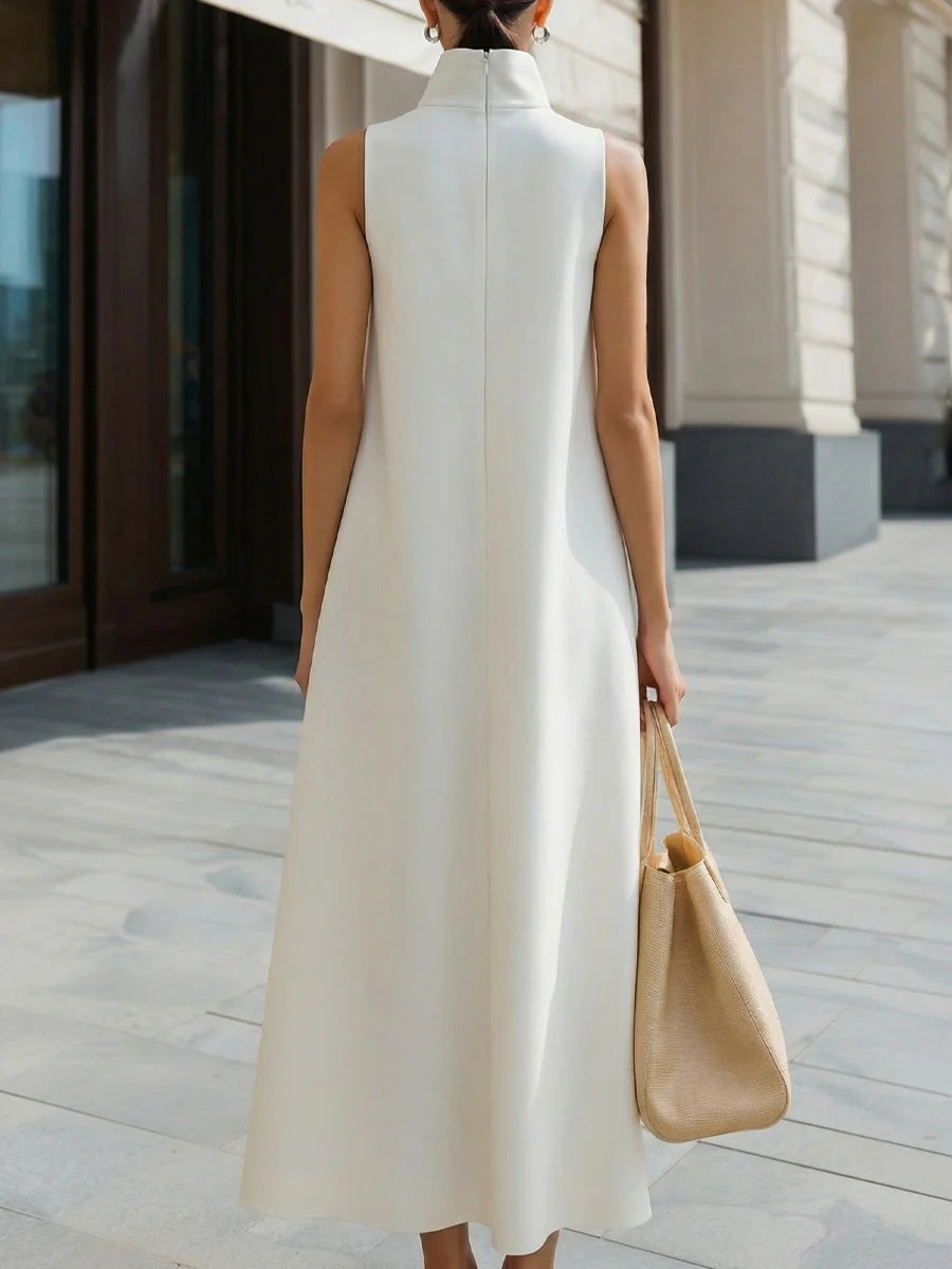 Women's Solid Color Stand Collar Sleeveless Casual Loose Cotton Linen Dress, Lily & Sam, image 2