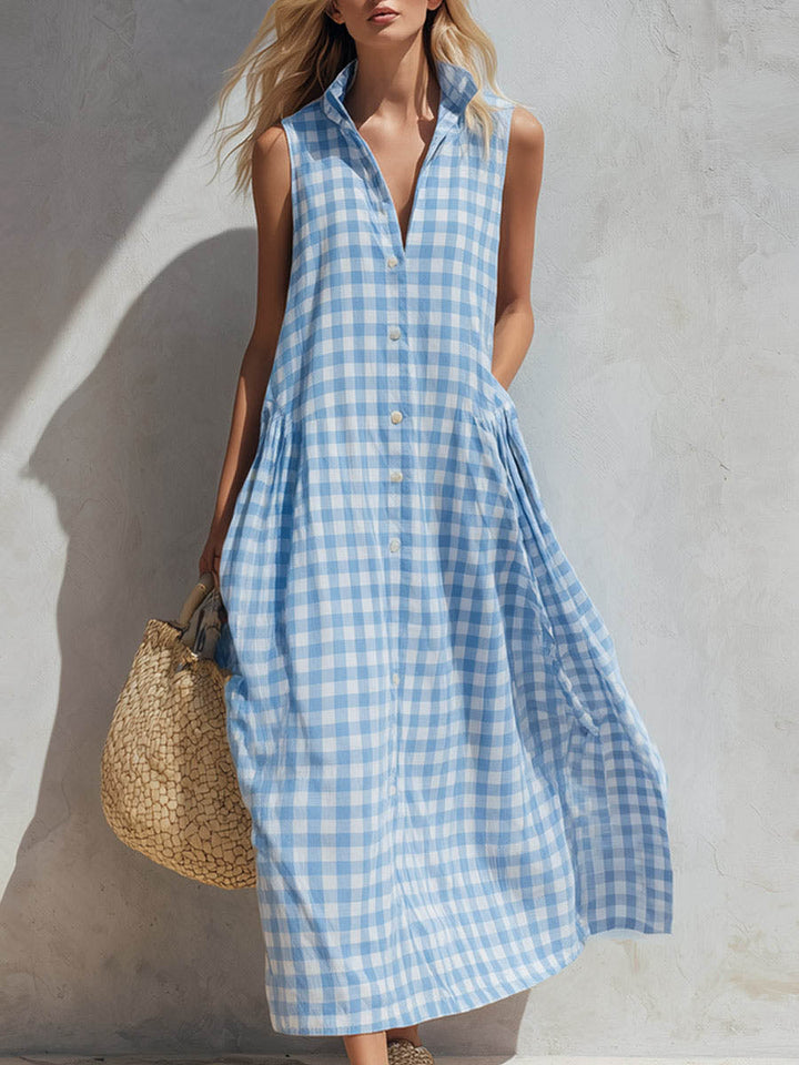 Women's Plaid print V neck Sleeveless Casual Loose Cotton linen Dress, Lily & Sam, image 1