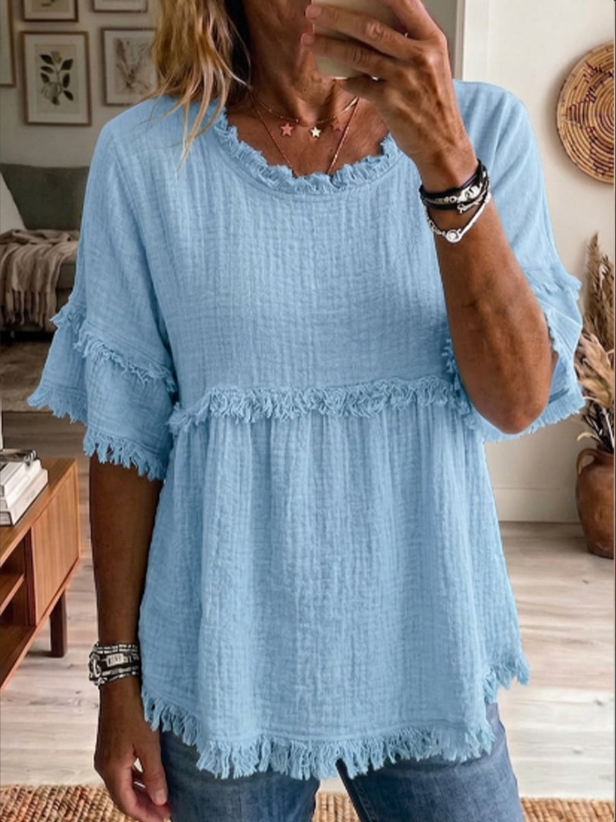 Casual Short sleeve Raw hem Linen blend Top, Lily & Sam, image 1